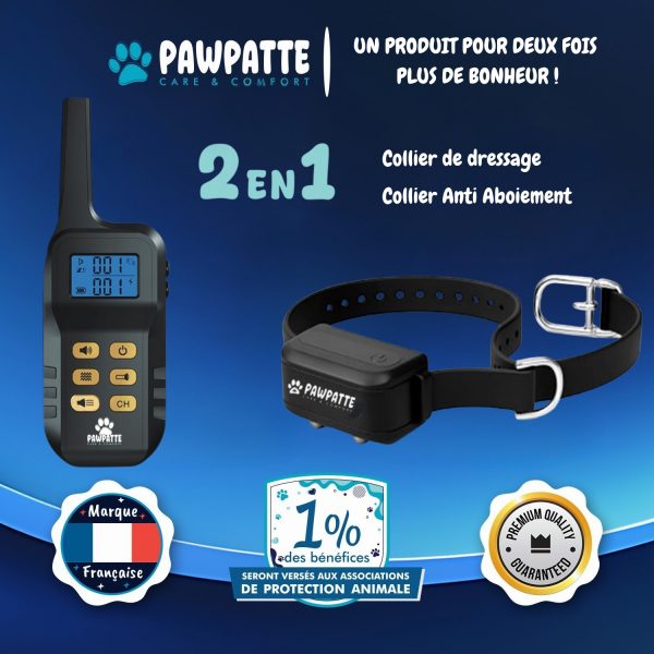 PAWPATTE Collier Anti Aboiement 2en1 Chien avec Télécommande – Dressage et Rappel Sans Choc, Son & Vibration, Détection Intelligente des Aboiements, Rechargeable, Étanche IP67, 3 Chiens, Petit à Grand