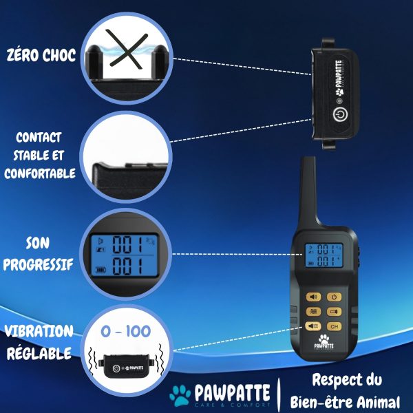 PAWPATTE Collier Anti Aboiement 2en1 Chien avec Télécommande – Dressage et Rappel Sans Choc, Son & Vibration, Détection Intelligente des Aboiements, Rechargeable, Étanche IP67, 3 Chiens, Petit à Grand